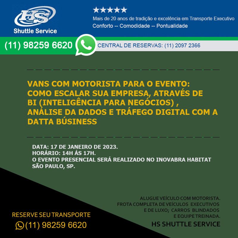 van com motorista para o evento Como escalar sua empresa, através de BI , análise da dados e tráfego digital com a DATTA BÚSINESS